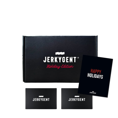JerkyGent Holiday Edition gift box with Happy Holidays greeting card and two smaller jerky boxes.
