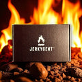 The JerkyGent Inferno Box with flames blazing in the background, highlighting its fiery craft jerky theme.