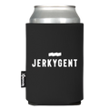 Black koozie featuring the JerkyGent logo in white with jerky strip icon