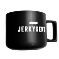 Matte black JerkyGent coffee mug with bold white logo.