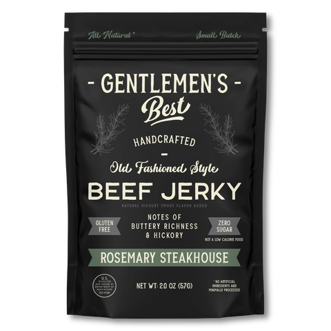 Gentlemen's Best Beef Jerky packaging with Rosemary Steakhouse the flavor in green, stating notes of buttery richness and hickory.