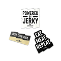 Three JerkyGent stickers featuring the phrases: “Powered by Jerky,” “Best. Club. Ever.,” and “Eat. Meat. Repeat.”