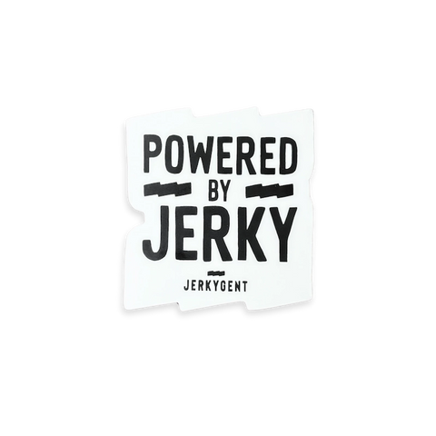Black and white JerkyGent sticker that reads “Powered by Jerky”