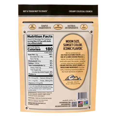 Back of Joon Original Salted Pistachios bag featuring nutrition facts, ingredient list, and product story highlighting 300-year-old family recipe.