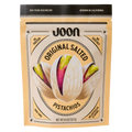 Front of Joon Original Salted Pistachios bag showing pistachio illustration and product claims like 6g protein and no seed oils.