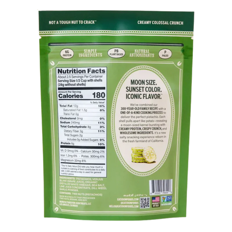 Back of Joon Dill Pickle Pistachios bag with nutritional info, ingredients, and brand messaging about handcrafted, bold flavor.
