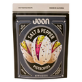 Front of Joon Salt & Pepper Pistachios bag with pistachio illustration and bold black packaging.