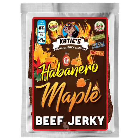 Katie's Habanero Maple Beef Jerky package with fiery habanero peppers