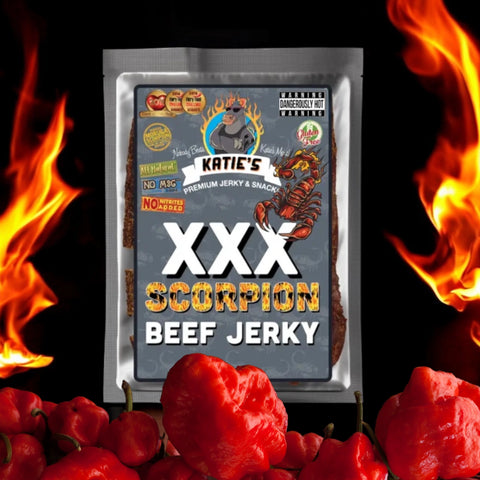 A created image of Katie's Premium Jerky & Snacks XXX Scorpion Beef Jerky behind a pile of scorpion peppers and surrounded by flames