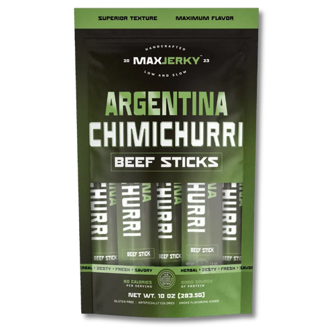 Packaging of Max Jerky Argentina Chimichurri Beef Sticks on a white background