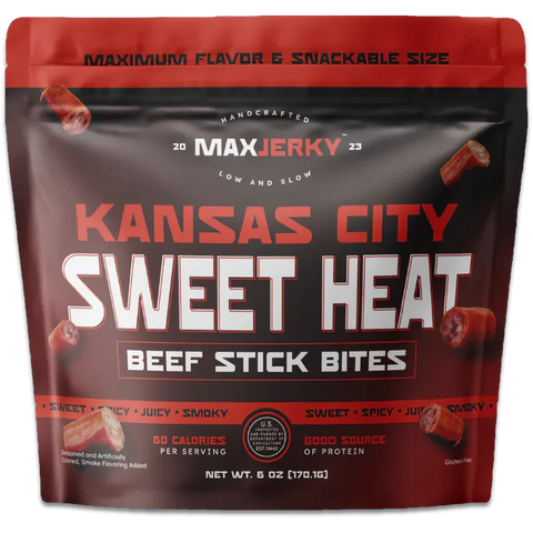 MaxJerky Kansas City Sweet Heat Beef Stick Bites, in a red and black 6.0-oz bag. Kansas City Sweet Heat is in big red and white letters on the front.
