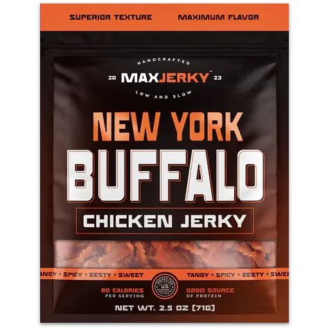 MaxJerky New York Buffalo Chicken Jerky in a black matte bag with orange accents that match the classic Buffalo sauce color, there is a window on the bag so the jerky can be seen
