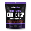 A black stand-up pouch of Max Jerky Sichuan Chili Crisp Beef Jerky, featuring a purple and white label design with a clear window showing the reddish-brown jerky inside.