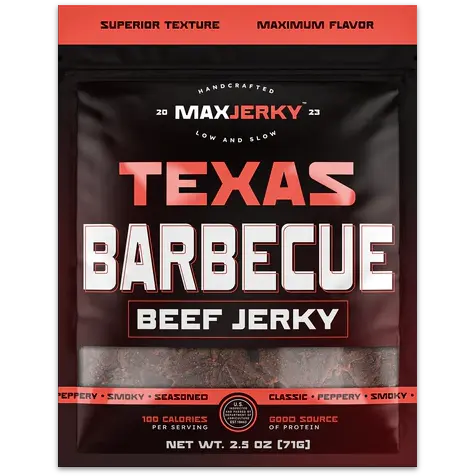 Beef Jerky texas bbq flavor by Maxjerky in a black matte bag with red accents