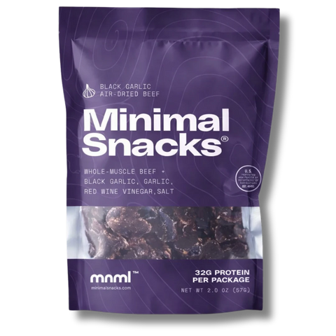 Purple package of Minimal Snacks black garlic air-dried beef biltong