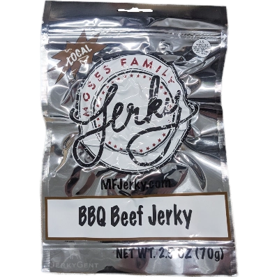 Moses Family Jerky BBQ Beef Jerky in a shiny silver bag with brown accents