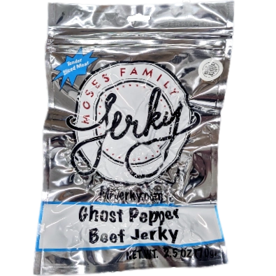 Moses Family Jerky Ghost Pepper Beef Jerky in a shiny silver bag with light blue accents.