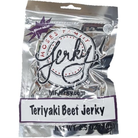 Moses Family Jerky Teriyaki Beef Jerky in a shiny silver 2.5 oz bag with purple accents