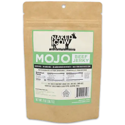 Naked Cow mojo beef jerky in a kraft bag with lime green accents