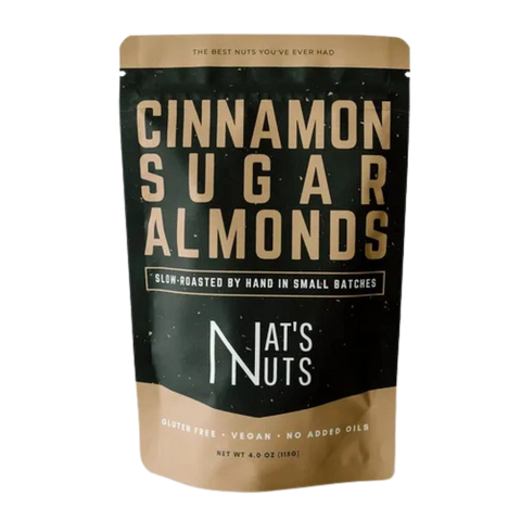 Front of Nat’s Nuts Cinnamon Sugar Almonds pouch showing black and tan packaging with bold lettering, labeled gluten free, vegan, and no added oils, net weight 4.0 oz.