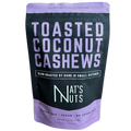 Front view of Nat’s Nuts Toasted Coconut Cashews pouch with bold product name and minimalist packaging design.