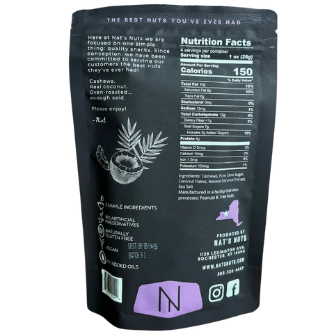 Back of Nat’s Nuts Toasted Coconut Cashews pouch showing ingredients, nutrition facts, and branding details.