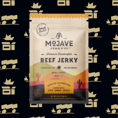 Mojave Jerky Co. beef jerky package on a patterned background, showcasing new arrivals of beef jerky