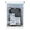 Back of No Man’s Land Dill Pickle Beef Jerky bag showing nutrition facts, ingredients, and product story.