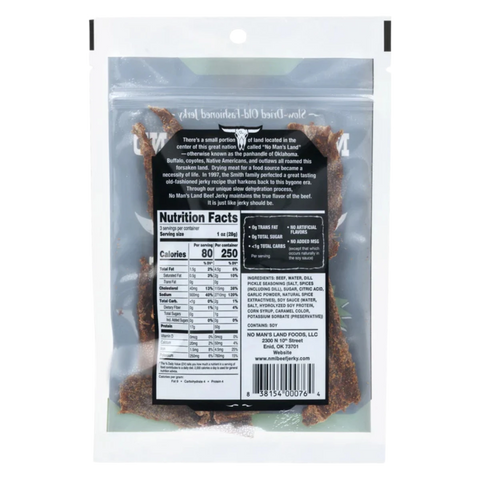Back of No Man’s Land Dill Pickle Beef Jerky bag showing nutrition facts, ingredients, and product story.