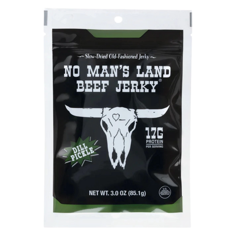 Front of No Man’s Land Dill Pickle Beef Jerky bag, 3 oz pack, 17g protein per serving.