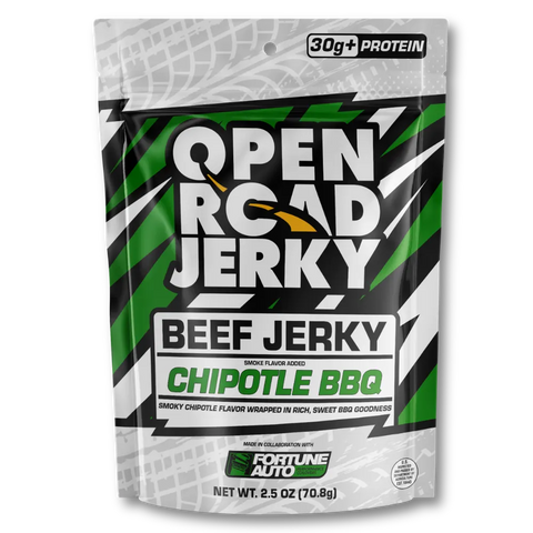 Open Road Jerky Chipotle BBQ beef jerky package on a white background