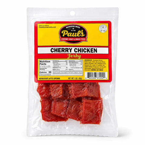 Packaged cherry chicken jerky with Paul's Gourmet Jerky & Snack Stick label on a white background
