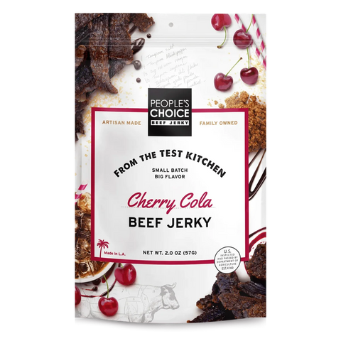 Bag of People’s Choice Cherry Cola beef jerky with cherries, brown sugar, and craft cola design accents.