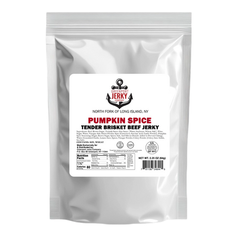 Pumpkin Spice Tender Brisket Beef Jerky bag from Greenport Jerky Company, silver resealable pouch with white label and nutrition info.
