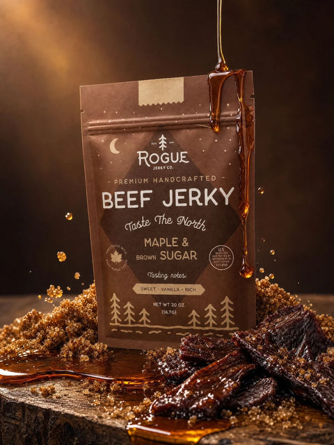 Rogue Maple & Brown Sugar Beef Jerky lifestyle image with syrup dripping down the bag surrounded by brown sugar and beef jerky