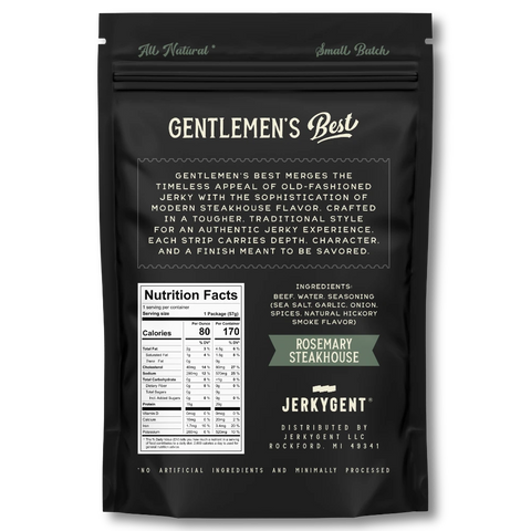 Gentlemen's Best jerky package with text and nutrition label on a white background