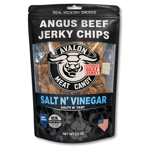 Packaged Angus Beef Jerky Chips by Avalon Meat Candy on a white background