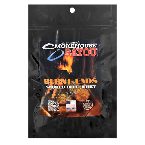 Smokehouse Bayou Burnt Ends Smoked Beef Jerky package on a black background