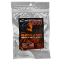 Bag of Ducharme’s Smokehouse Bayou Spicy Burnt Ends Smoked Beef Jerky, 2oz silver pouch with dark fire-themed label, veteran-owned branding.