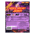 Back of Space Rocket Jerky Galaxy Invader package showing nutrition facts, ingredients, and brand highlights like real beef, high protein, and handcrafted quality with a purple-toned cityscape background.