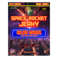 Front of Space Rocket Jerky Galaxy Invader packaging with a neon space city background, labeled spicy chamoy beef jerky with a medium heat level, net weight 2.5 oz (70g).