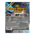 Back of Space Rocket Jerky Golden Raiders package showing nutrition facts, ingredients, and highlights like real beef, high protein, and handcrafted quality, set against a space-themed background.