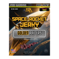 Front of Space Rocket Jerky Golden Raiders packaging featuring a gold spaceship design and labeled sweet smokehouse beef jerky with medium heat level, net weight 2.5 oz (70g).