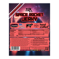 Back of Space Rocket Jerky Quantum Sphere package showing nutrition facts, ingredients, and product highlights with red and black styling, labeled insane heat level and handcrafted quality.