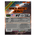 Back of Space Rocket Jerky Rocket Hunter package showing nutritional facts, ingredients, and branding details for seasoned prime rib beef jerky.