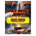 Front of Space Rocket Jerky Rocket Hunter featuring space-themed artwork with a rocket launch and bold labeling for seasoned prime rib beef jerky.