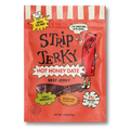 A 2 oz bag of Strip Jerky Hot Honey Date Beef Jerky, featuring a bright red-orange packaging design with white stripes at the top, a cartoon character, and various flavor and nutritional callouts.