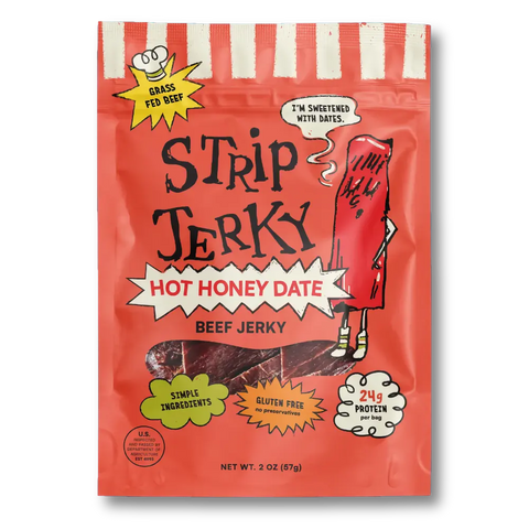 A 2 oz bag of Strip Jerky Hot Honey Date Beef Jerky, featuring a bright red-orange packaging design with white stripes at the top, a cartoon character, and various flavor and nutritional callouts.