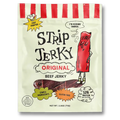 A package of Strip Jerky Original Beef Jerky, featuring a cream-colored bag with red and black text, a cartoon illustration of a red jerky stick, and a photo of the sliced jerky at the bottom.