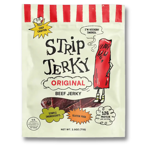 A package of Strip Jerky Original Beef Jerky, featuring a cream-colored bag with red and black text, a cartoon illustration of a red jerky stick, and a photo of the sliced jerky at the bottom.
